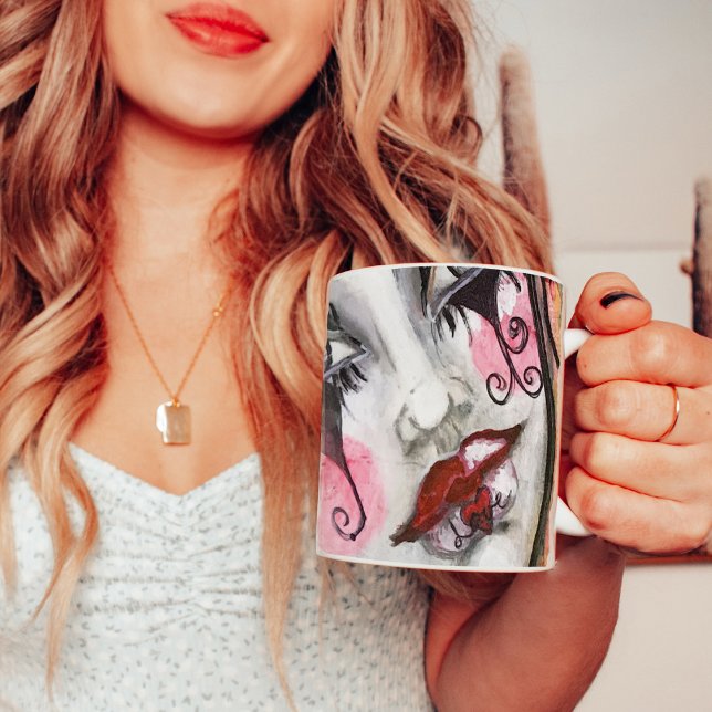 Whimsical Goth Girl Mime Clown Positivity Liebe Fu Kaffeetasse (Whimsical hand painted original art goth inspired mime girl by Malissa Melrose)