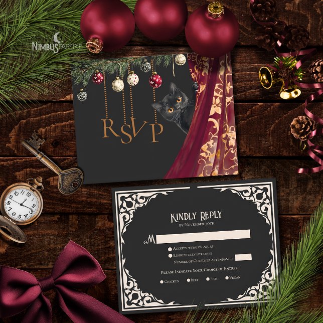 Whimsical Gothic Black Cat Holiday Party RSVP Card Begleitkarte (Von Creator hochgeladen)