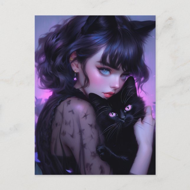 Whimsical Gothic Cat Lady Postkarte (Vorderseite)