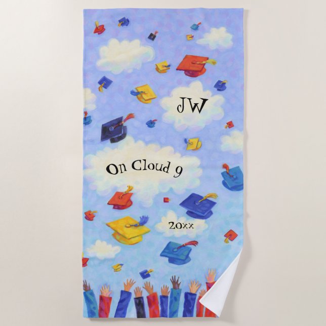 Whimsical Graduation Cap Toss Personalisiert Strandtuch (Vorderseite)