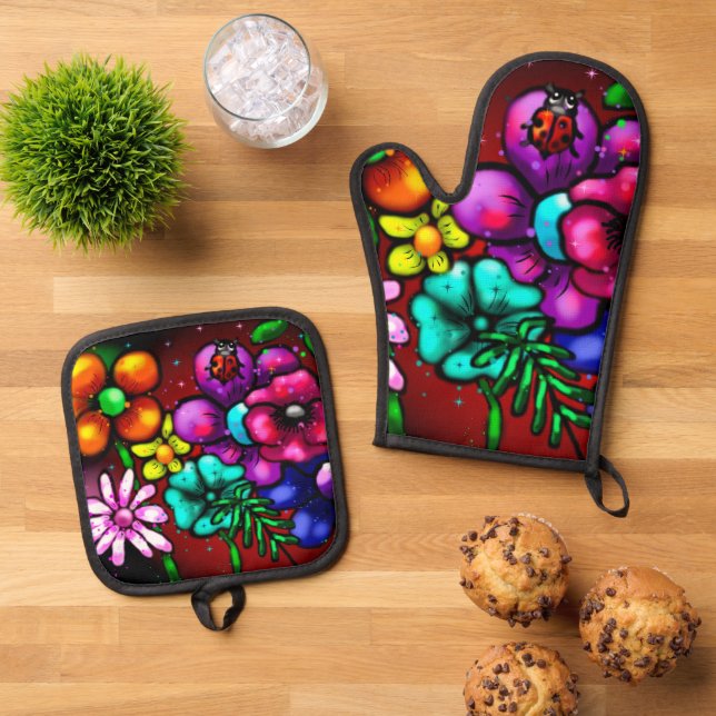 Whimsical Graffiti Style Blume Ladybug Ofenhandschuh & Topflappen-Set (Oben Unten)