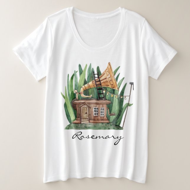Whimsical Gramophone Fairytale House Wasserfarbe Große Größe T-Shirt (Design vorne)