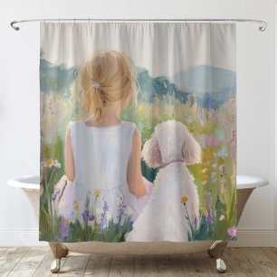 Whimsical Grand Millennium Girl and Dog Art Duschvorhang