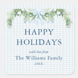 Whimsical Grandmillenial Gingham Blue Bow Garland Quadratischer Aufkleber