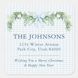 Whimsical Grandmillenial Gingham Blue Bow Garland Quadratischer Aufkleber