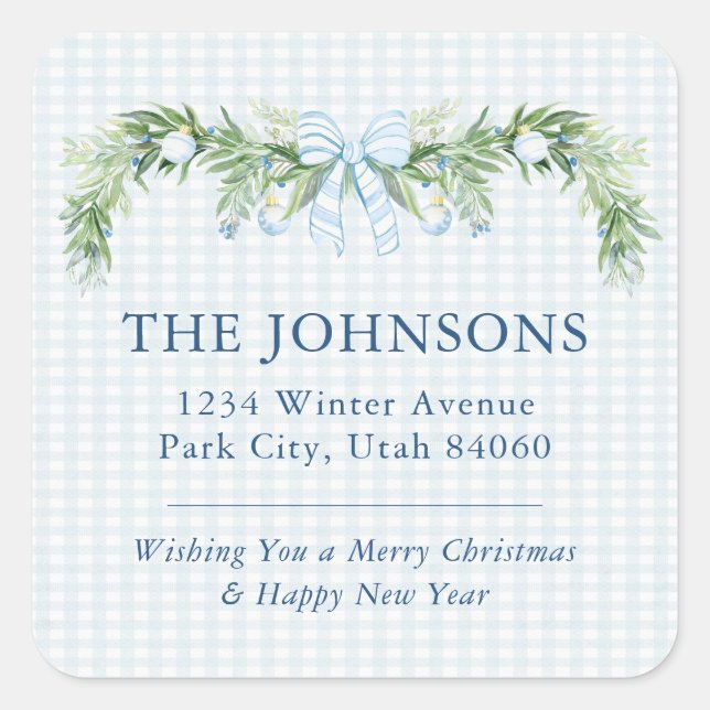 Whimsical Grandmillenial Gingham Blue Bow Garland Quadratischer Aufkleber (Vorderseite)