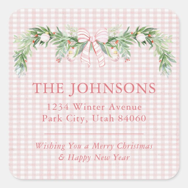 Whimsical Grandmillenial Gingham Pink Bow Garland Quadratischer Aufkleber (Vorderseite)