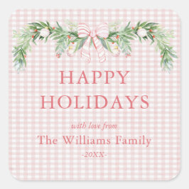 Whimsical Grandmillenial Gingham Pink Bow Garland Quadratischer Aufkleber