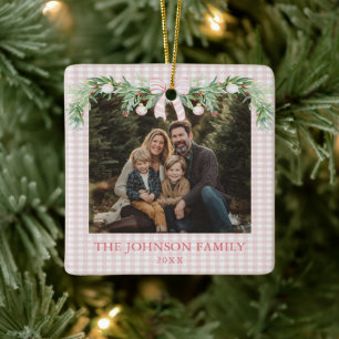 Whimsical Grandmillenial Rosa Schleife Familienfot Keramikornament