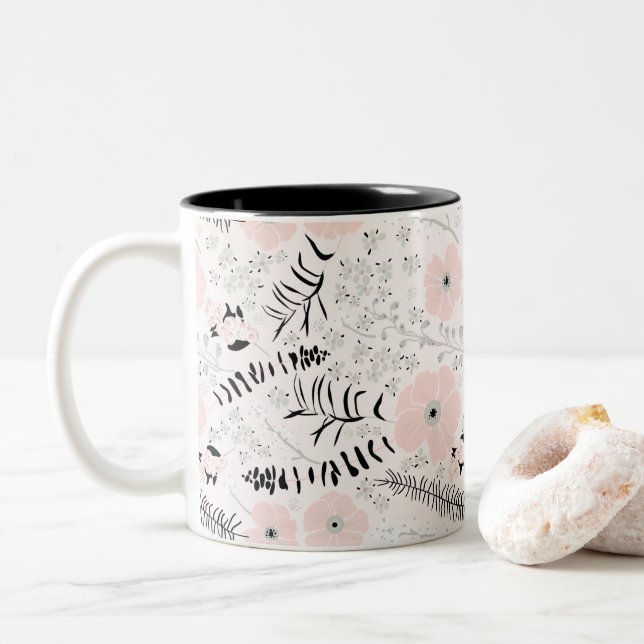 Whimsical Grau Pink Gemusterte Blume Zweifarbige Tasse (Mit Donut)