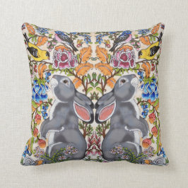 Whimsical Gray Bunny Rabbit Bird Floral Jacobon Kissen