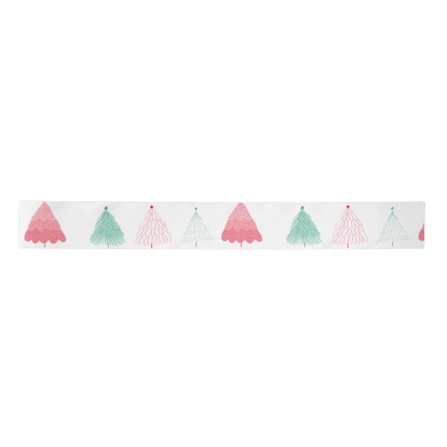 Whimsical Green and Pink Trees Weihnachten Satinband (Vorderseite)