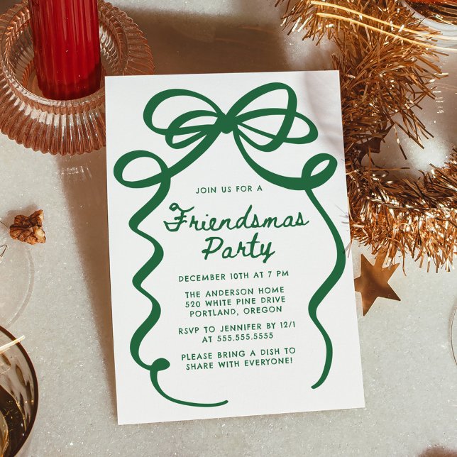 Whimsical Green Bow Friendsmas Christmas Party Einladung (Von Creator hochgeladen)
