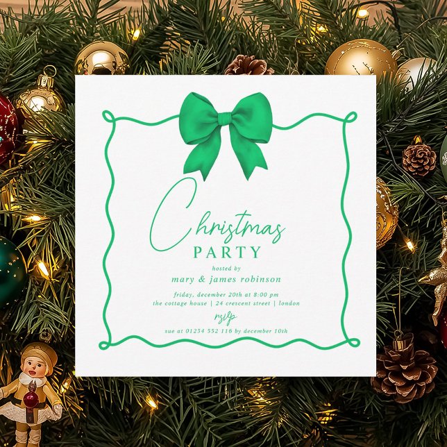 Whimsical Green Bow Weihnachtsfeier Einladung (Whimsical Green Bow Christmas Holiday Party Invitation)