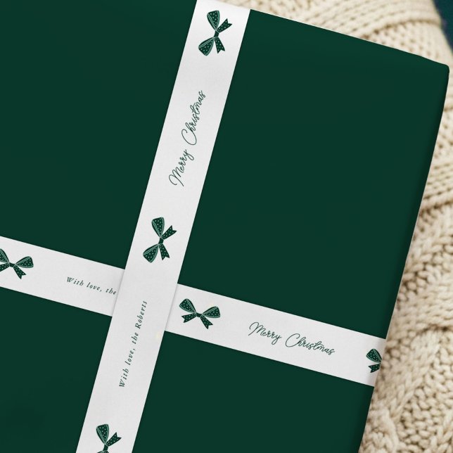 Whimsical Green Bows Frohe Weihnachts-Individuelle Satinband (Green bows elegant Christmas white satin ribbon with your custom name)