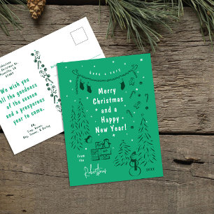 Whimsical Green Christmas Scene Postcard Feiertagspostkarte