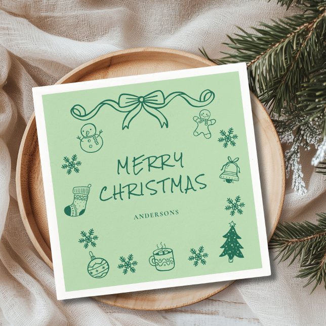 Whimsical Green Hand Drawn Scribble Weihnachten Serviette (Von Creator hochgeladen)