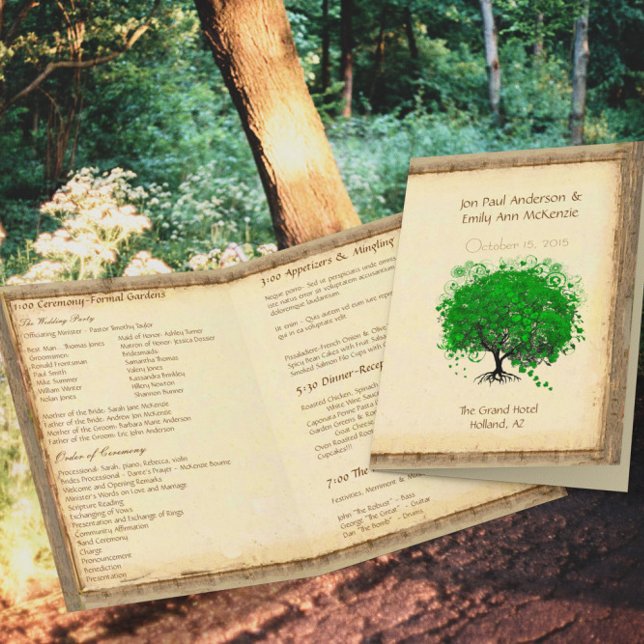 Whimsical Green Heart Leaf Tree Hochzeitsprogramm (Von Creator hochgeladen)