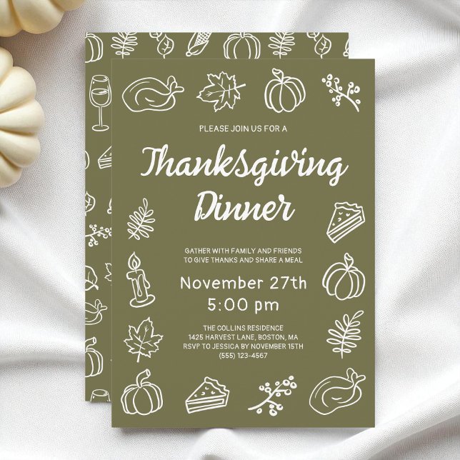 Whimsical Green Modern Doodle Erntedank Dinner Einladung (Whimsical Green Modern Doodle Thanksgiving Dinner Invitation)