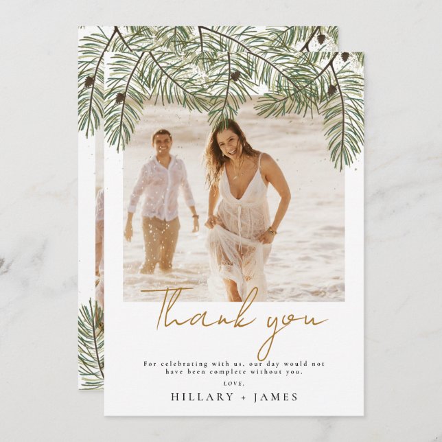 Whimsical Green Pine Foto Hochzeit Danke Karte (Vorne/Hinten)