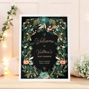 Whimsical Green Pink Floral Welcome Baby Dusche Poster