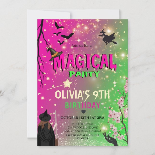 Whimsical Green & Pink Witch girl birthday Einladung (Vorderseite)