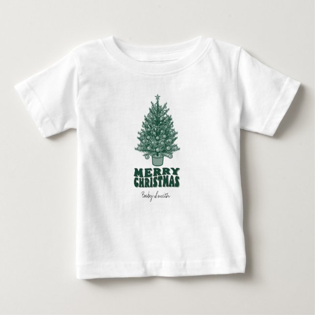Whimsical Green Retro Weihnachtsbaum Baby T-shirt (Vorderseite)