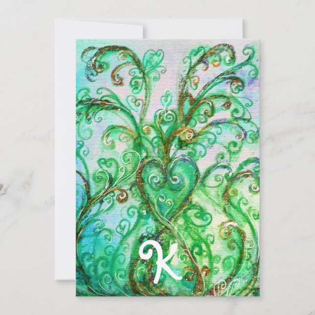 WHIMSICAL GREEN SCHNÖRKEL HERZFLORALLES MONOGRAMM EINLADUNG (Vorderseite)