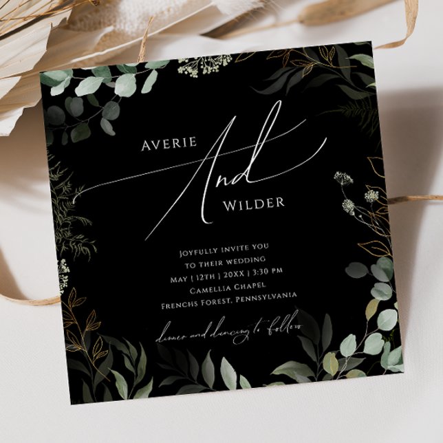 Whimsical Greenerity Black and Gold Square Wedding Einladung (Von Creator hochgeladen)