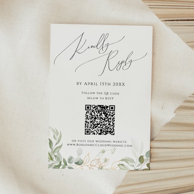 Whimsical Greenery and Gold QR Code RSVP Card Karte (Von Creator hochgeladen)