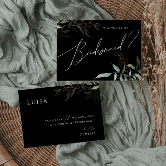 Whimsical Greenery Black and Gold Bridesmaid Card Einladung (Von Creator hochgeladen)
