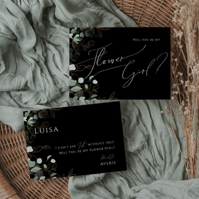 Whimsical Greenery Black and Gold Flower Girl Card Einladung (Von Creator hochgeladen)