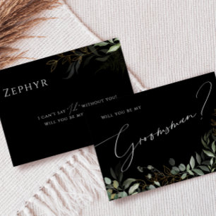 Whimsical Greenery Black and Gold Trauzeuge Card Einladung