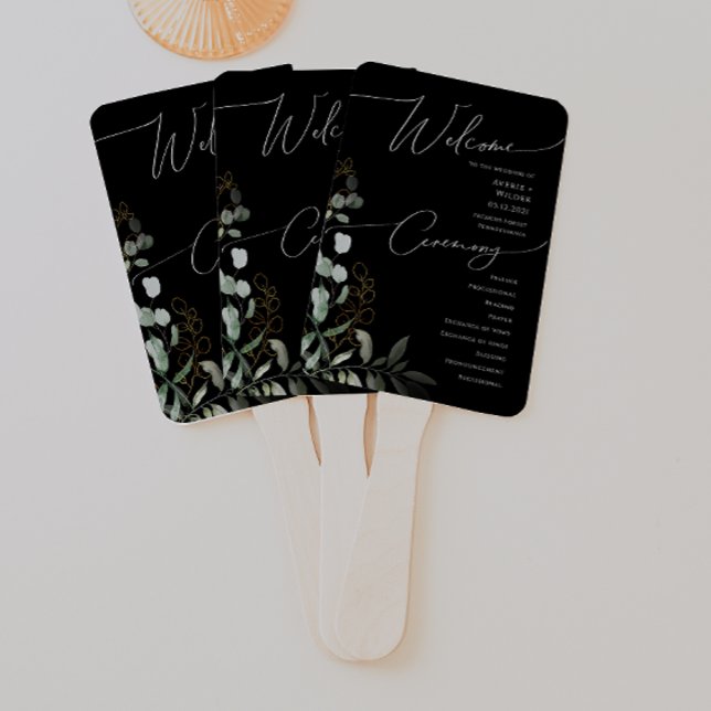 Whimsical Greenery Black and Gold Wedding Programm Fächer (Von Creator hochgeladen)