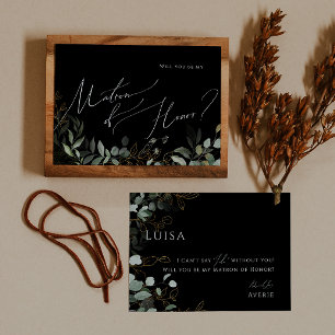 Whimsical Greenery Black Gold Matron of Honor Card Einladung