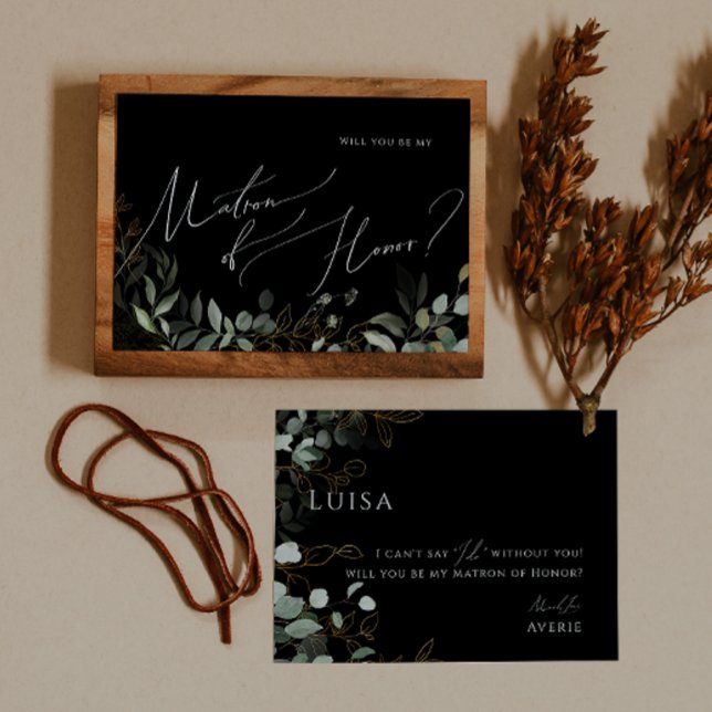 Whimsical Greenery Black Gold Matron of Honor Card Einladung (Von Creator hochgeladen)