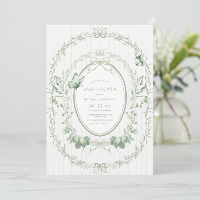 Whimsical Greenery Frame Vintage Baby Shower Einladung (Stehend Vorderseite)