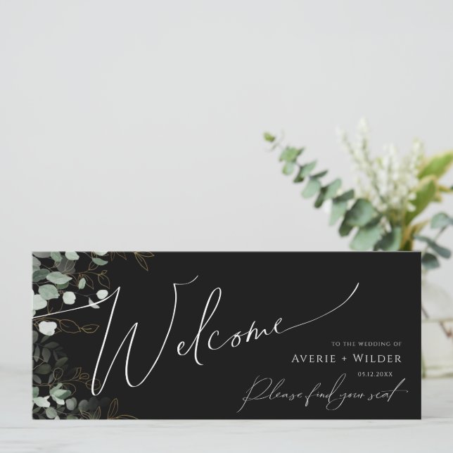 Whimsical Greenery Gold Black Seating Chart Header (Stehend Vorderseite)