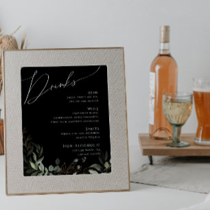 Whimsical Greenery Gold Black Wedding Drinks Menü Poster