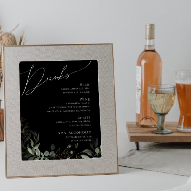Whimsical Greenery Gold Black Wedding Drinks Menü Poster (Von Creator hochgeladen)