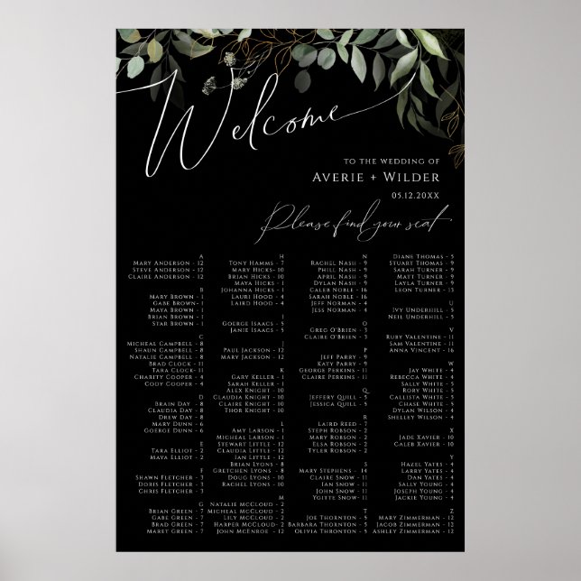 Whimsical Greenery | Schwarze Alphabetische Sitzpl Poster (Vorne)
