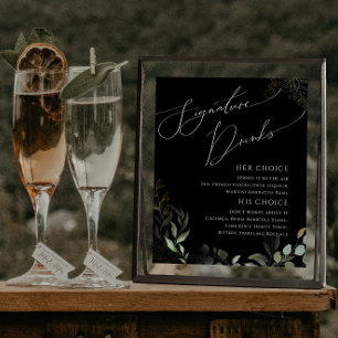 Whimsical Greenery und Gold Black Signature Drinks Poster
