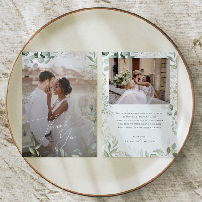Whimsical Greenery und Gold Flat Verblendetes Foto Dankeskarte (Von Creator hochgeladen)