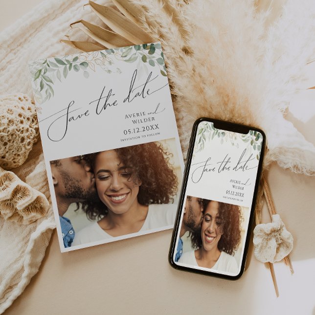Whimsical Greenery und Gold Foto Save the Date (Von Creator hochgeladen)