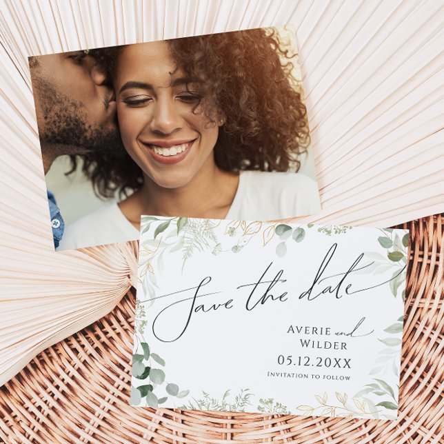 Whimsical Greenery und Gold Horizontal Foto Save The Date (Von Creator hochgeladen)