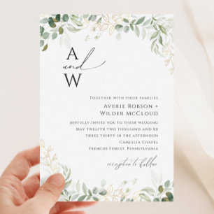Whimsical Greenery und Gold Monogram Wedding Einladung