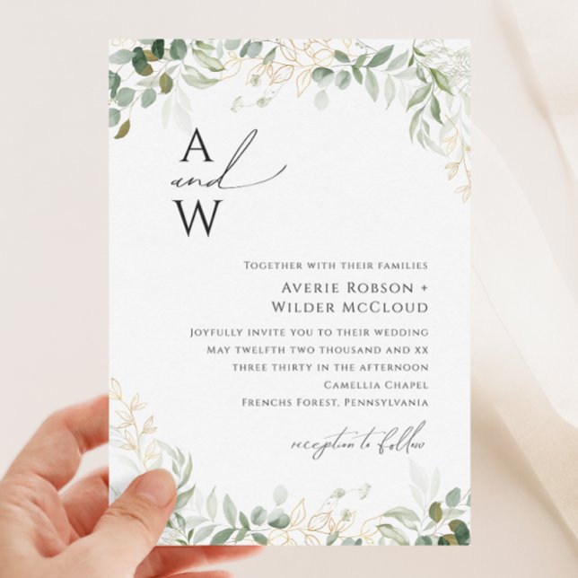 Whimsical Greenery und Gold Monogram Wedding Einladung (Von Creator hochgeladen)