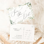 Whimsical Greenery und Gold Save the Date Postcard Einladungspostkarte<br><div class="desc">Treten Sie ein in die Welt der Zauberung mit unserer kalkgrünen und goldenen, Save the Date Postkarte, die perfekt für Ihre botanische Frühjahrsbrunnen Hochzeit ist. Diese Einladung, die mit einem schlauen grünen Eukalyptus und goldenen Akzenten geschmückt ist, strahlt Eleganz und moderne Laune aus. Stellen Sie sich einen Spaziergang durch einen...</div>