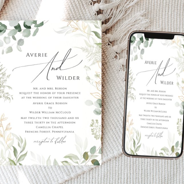 Whimsical Greenery und Gold Traditionelle Hochzeit Einladung (Von Creator hochgeladen)