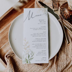 Whimsical Greenery und Gold Wedding Dinner Menü Menükarte